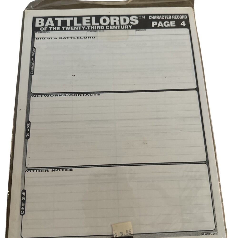 Battlelords Of The Twenty-Third Century Character Record Page 4 Sheets